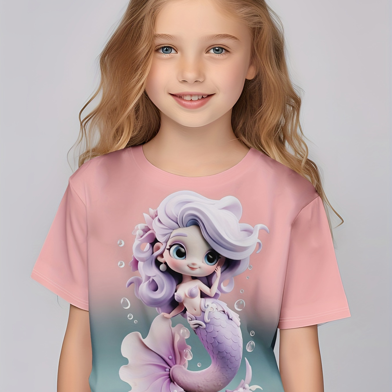 

Cute 3d Mermaid Print Short Sleeve T-shirt For Girls Summer Outdoor