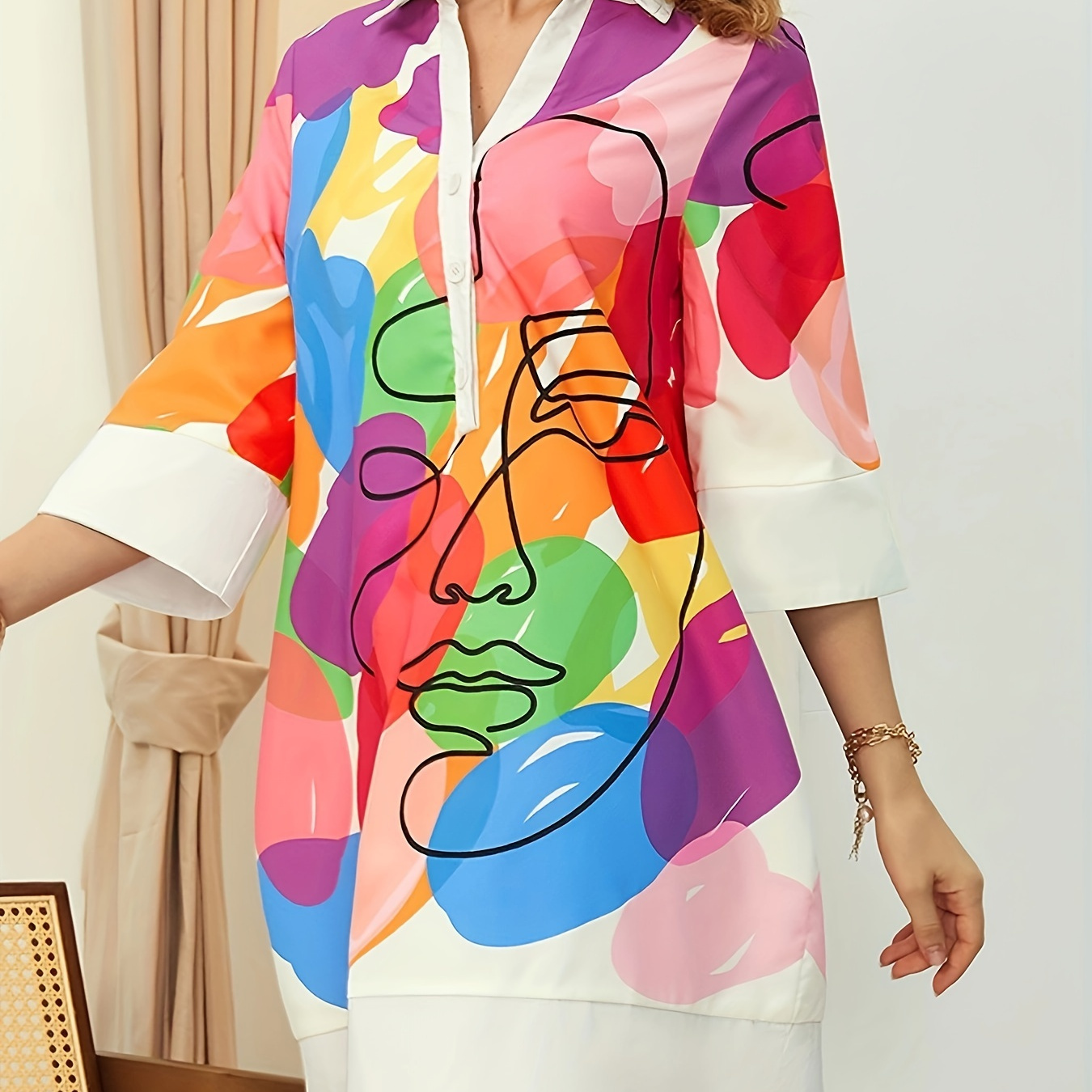 

[ ] Vibrant Abstract Shirt Dress - Elegant Polyester , Machine Washable, No-see-through, Wear With Design And Collared Neckline For Women