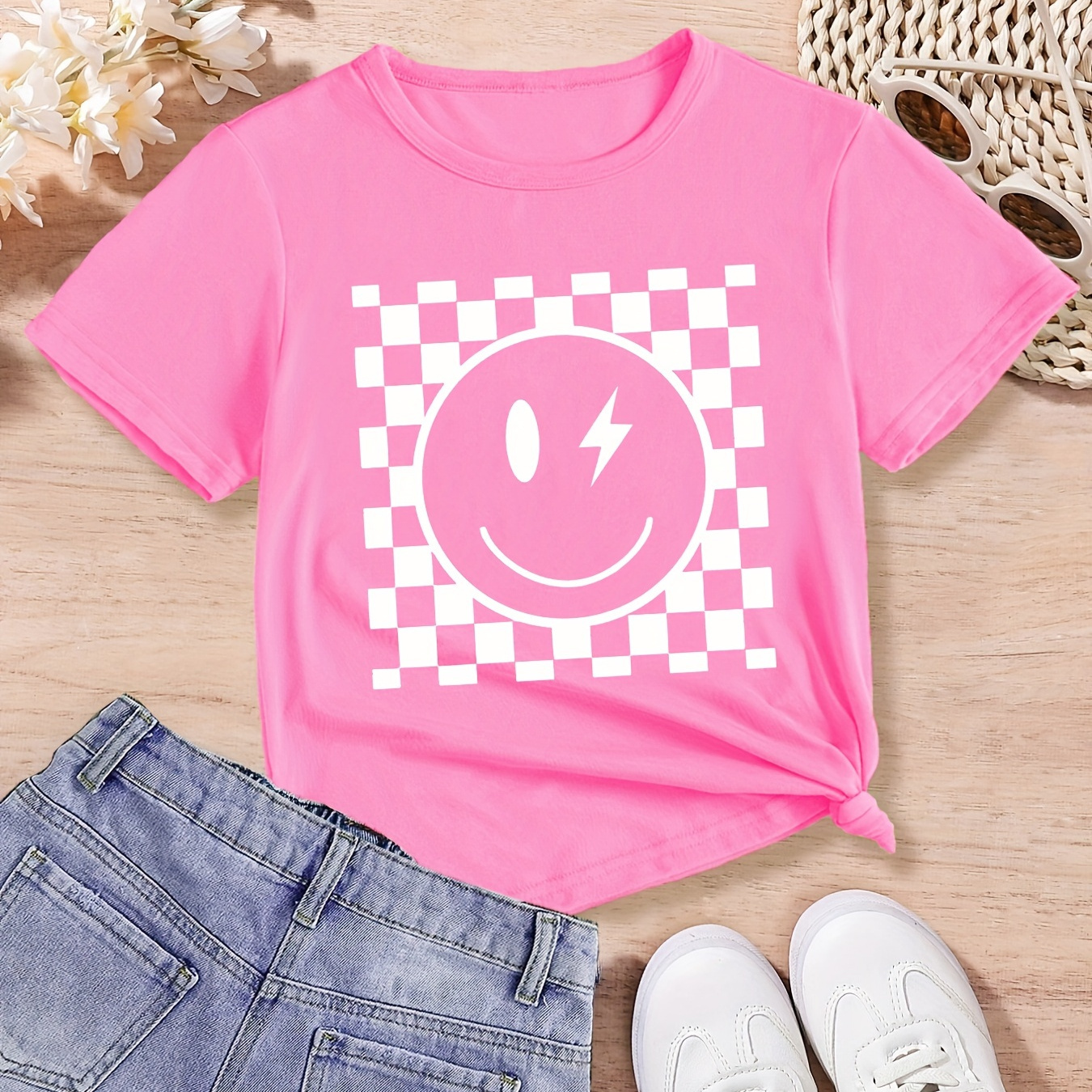 

Girl's Trendy Smiling Face Print T-shirt, Round Neck Casual Short Sleeve Top, Comfy And Soft, Girl's Clothing