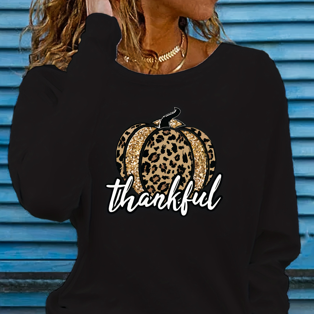 

Leopard Pumpkin Print Crew Neck T-shirt, Casual Long Sleeve Top For Spring & Fall, Women's Clothing