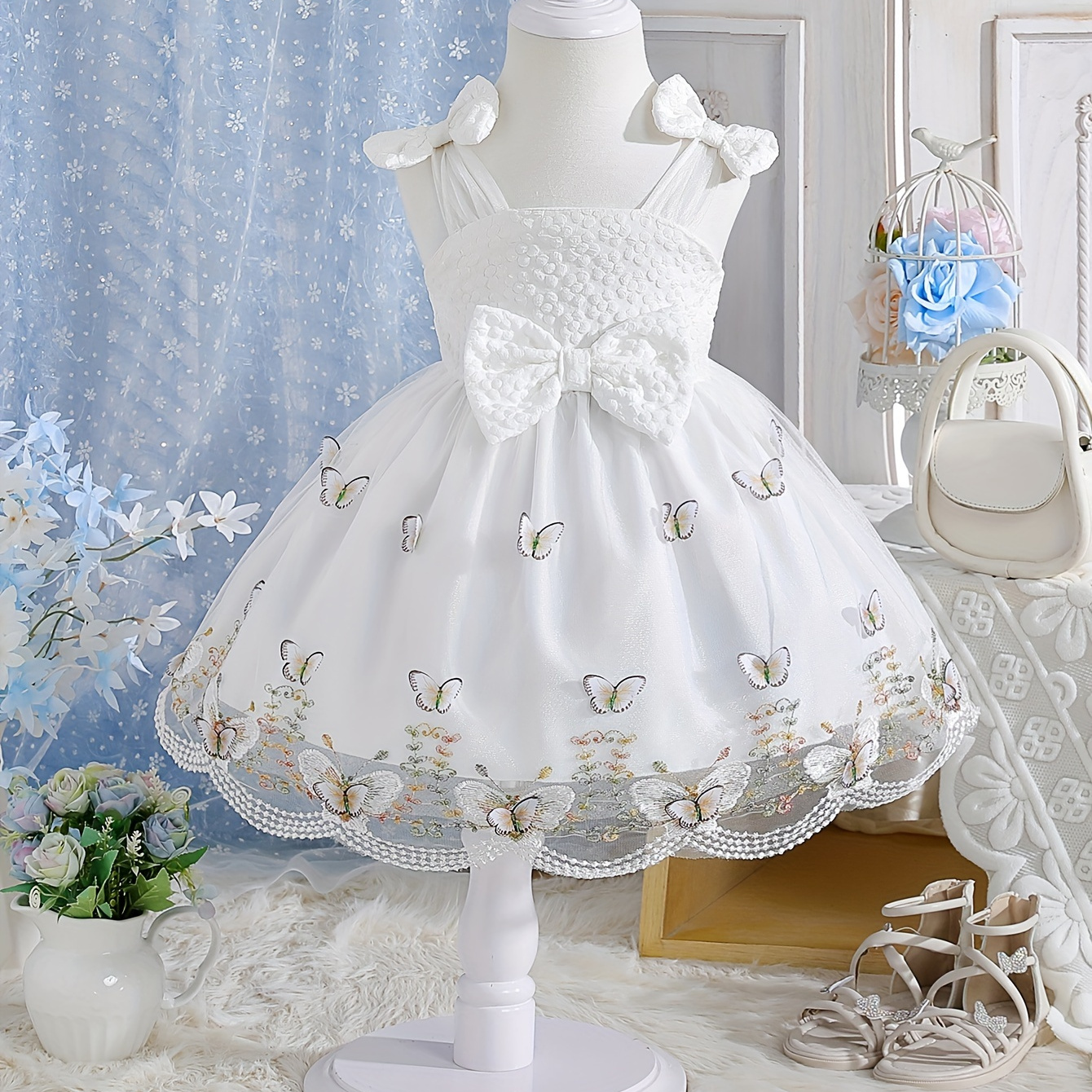 

Baby's Cute Butterfly Applique Mesh Princess Dress, Flower Jacquard Bowknot Decor Sleeveless Dress, Infant & Toddler Girl's Clothing For Summer Birthday Party, As Gift