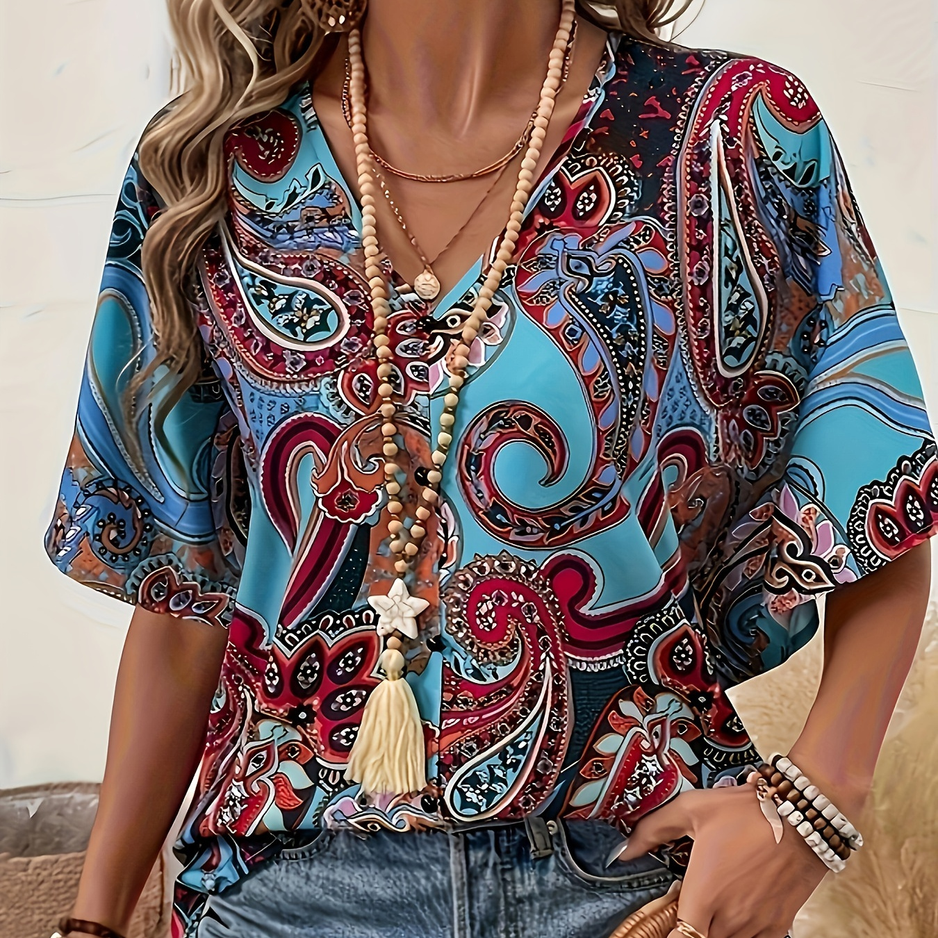 

Paisley Print V-neck Blouse, Vacation Style Batwing Sleeve Loose Blouse For Spring & Fall, Women's Clothing