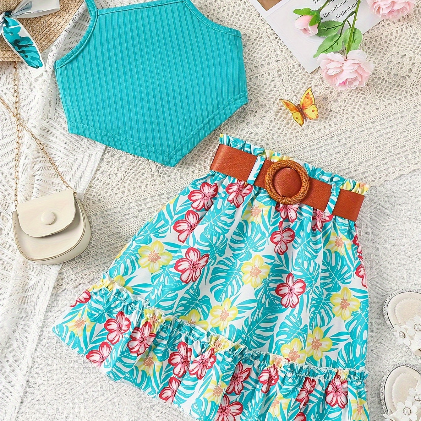 

Holiday Style Girls Outfit Crop Cami Top + Flowers Print Belted Skirt Two-piece Summer Set