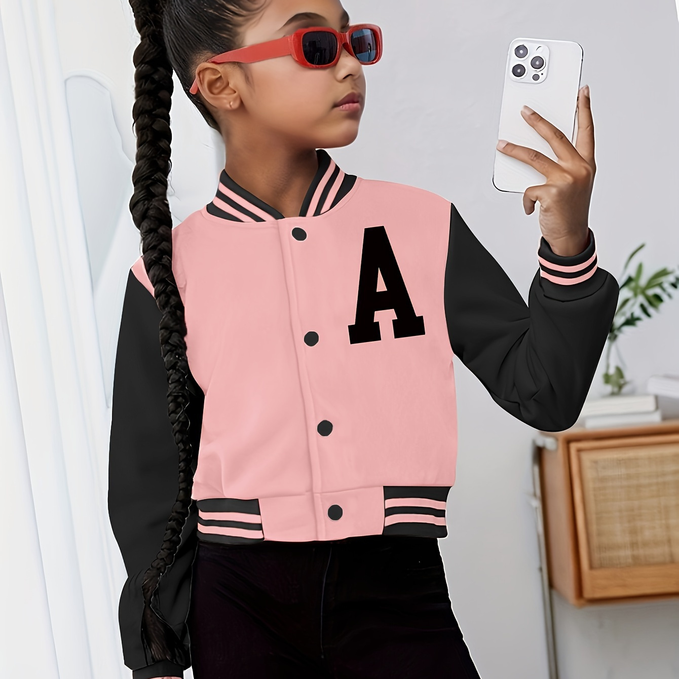 

' Color-block Varsity Jacket With Letter Applique - Casual Baseball Collar, Machine Washable - Perfect For Fall/winter