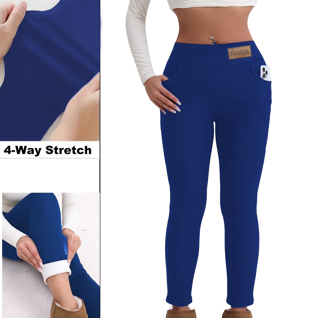 

A Pair Of Women's Winter Thickened Fleece-lined Leggings With Pockets, High-waisted For Tummy Control And Lifting, Suitable For Yoga And Outdoor Activities.