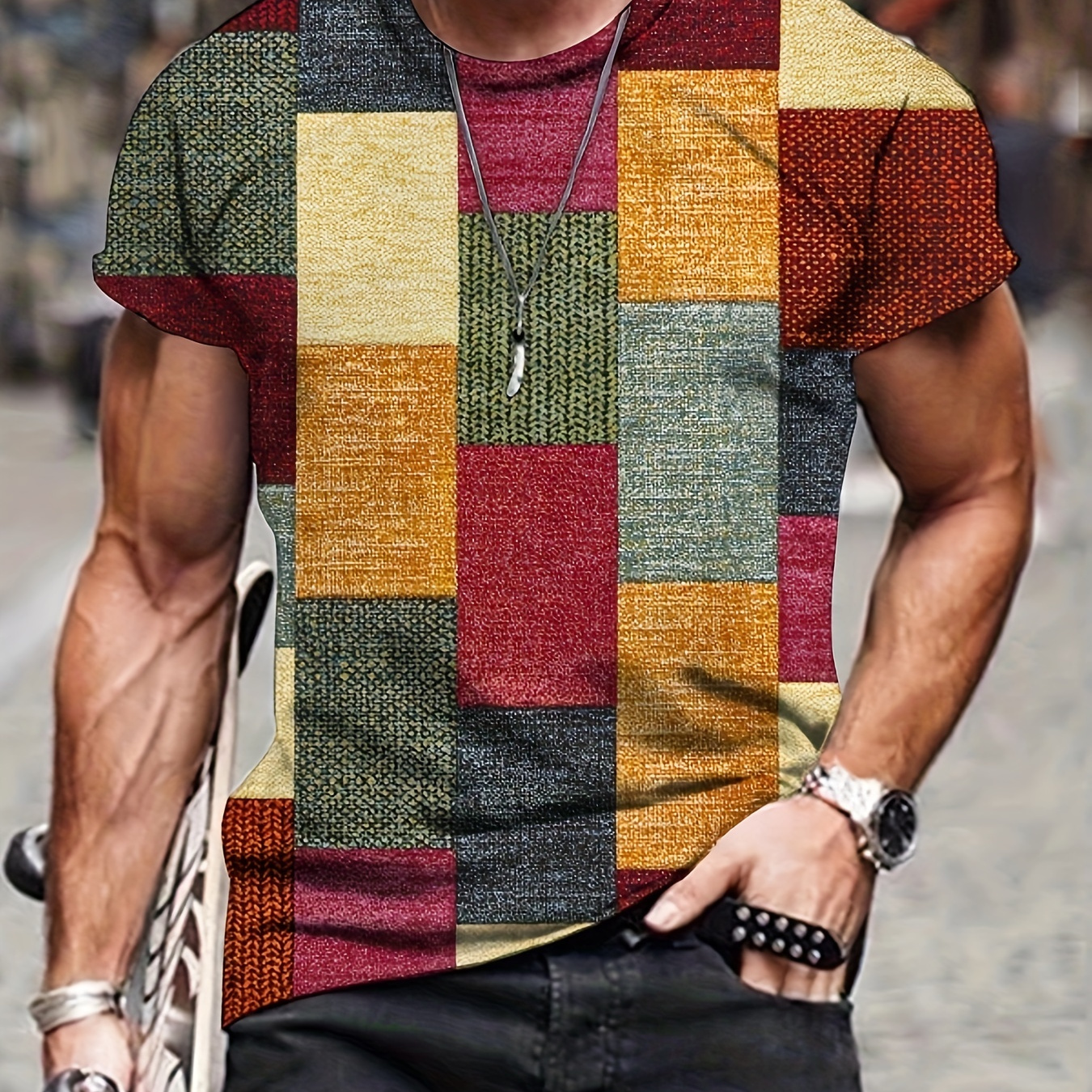 

Retro Color Block Men's Graphic Design Crew Neck Novel T-shirt, Casual Comfy Tees Tshirts For Summer, Men's Clothing Tops For Daily Vacation Resorts