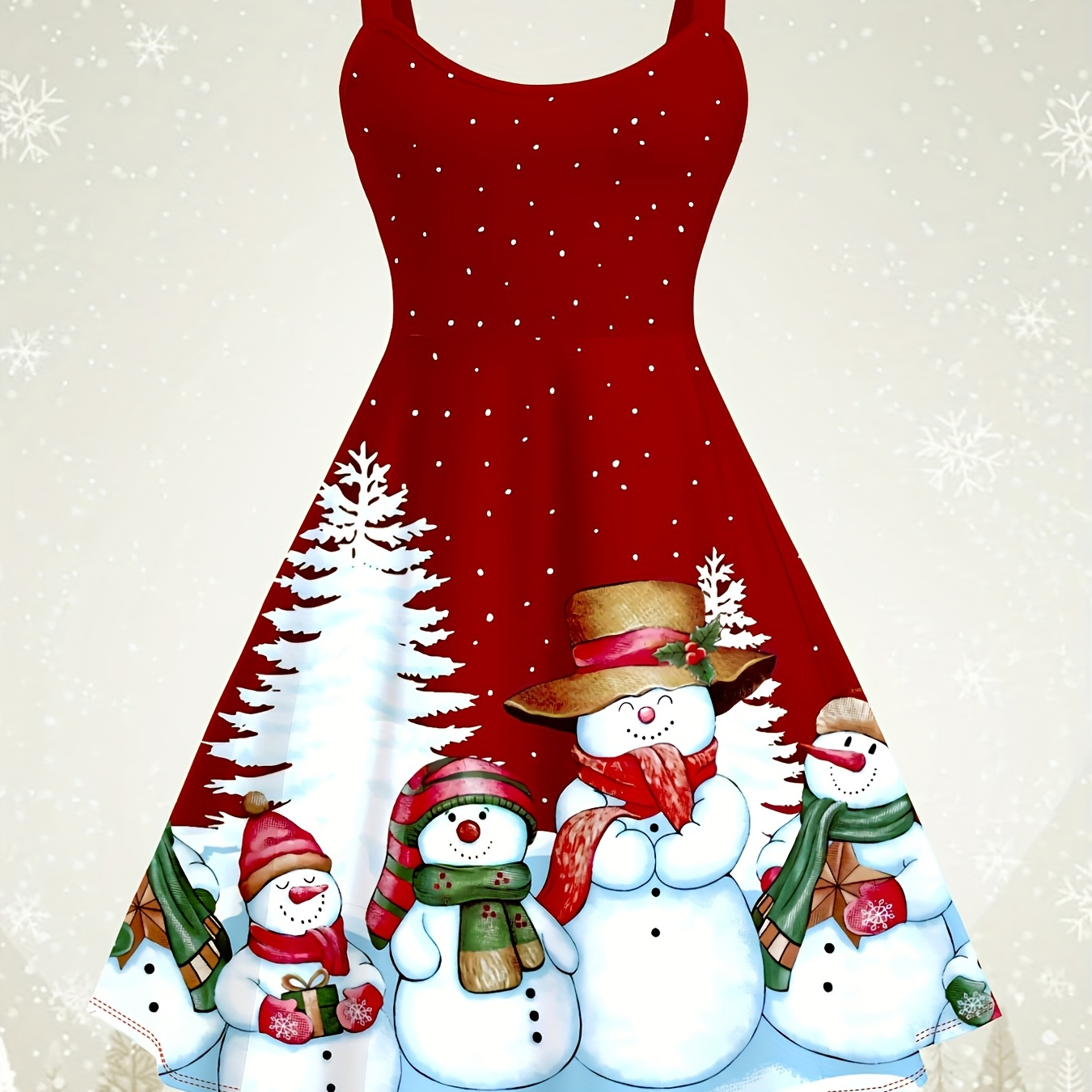 

Elegant Christmas And Snowman Print High-waisted Spaghetti Strap V-neck Sleeveless A-line Slip Dress, Polyester Knit Fabric, 180g/m², For Adults,