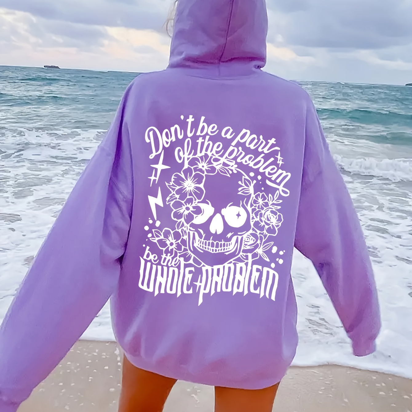 

Letter Slogan Skull Floral Pattern Print Hoodie, Drawstring Casual Hooded Sweatshirt For Winter And Fall, Women's