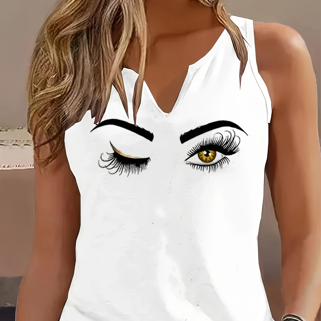 

Eyelash Print Notched Neck Tank Top, Casual Sleeveless Tank Top For Summer, Women's Clothing