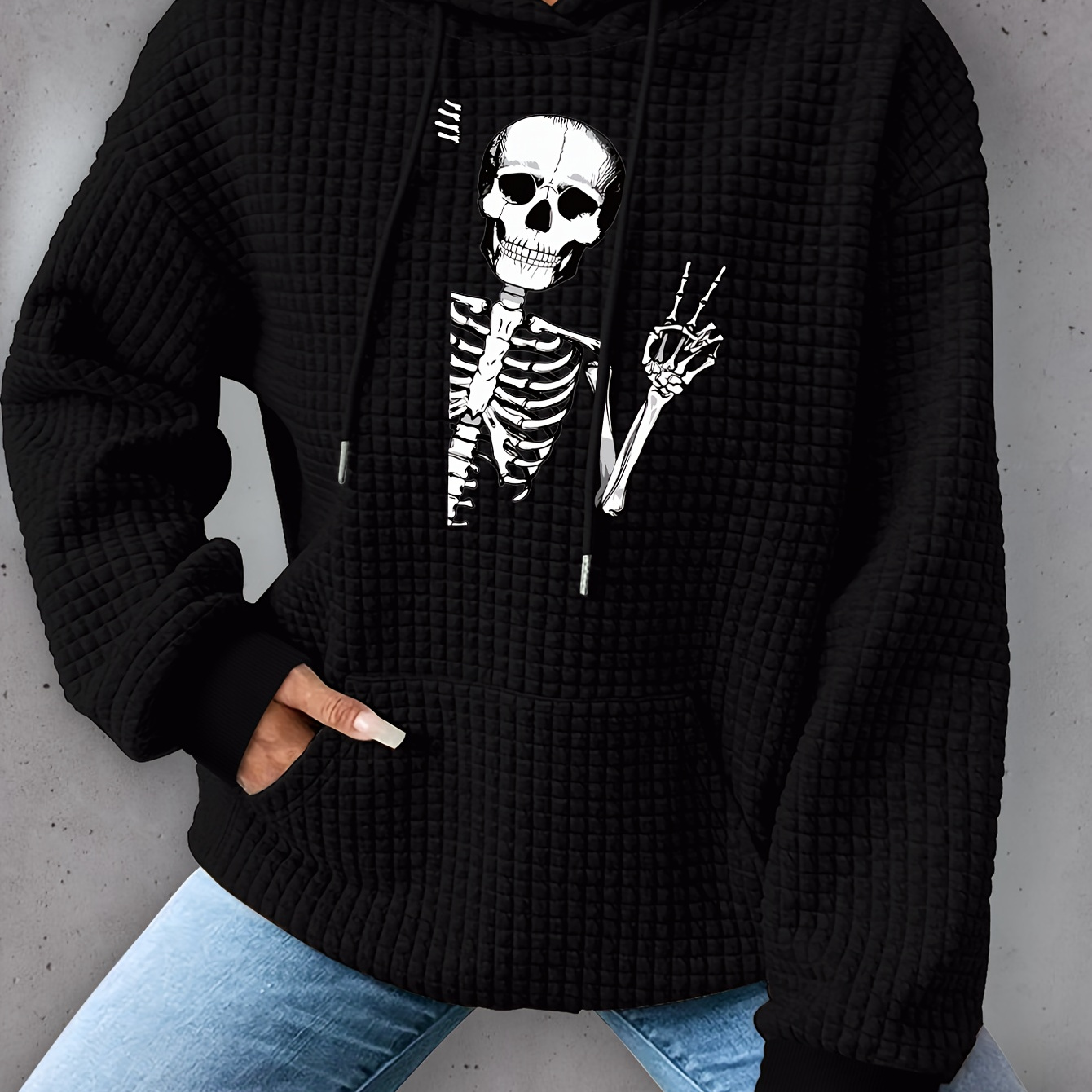 

Plus Size Skull Print Hoodie, Casual Kangaroo Pocket Drawstring Long Sleeve Hooded Sweatshirt, Women's Plus Size Clothing