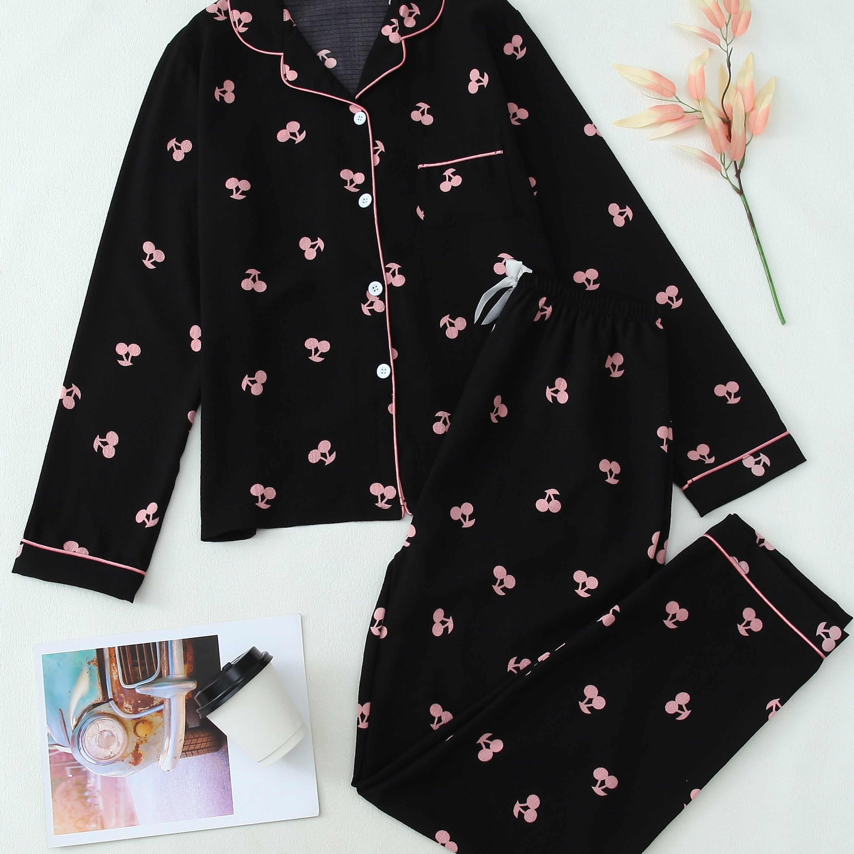 

Women's Allover Cherry Print Casual Pajama Set For Fall, Long Sleeve Buttons Lapel Top & Pants, Comfortable Relaxed Fit