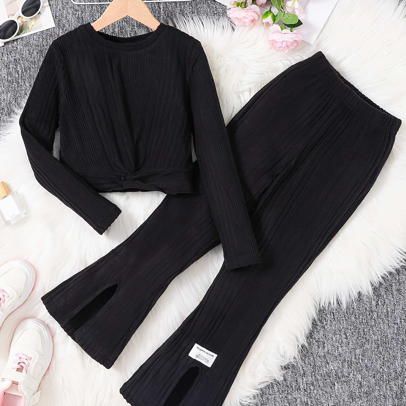 

2pcs, Girls Solid Twist Front Ribbed Outfits Long Sleeve T-shirt Top + Split Side Flare Pants Set For Outdoor Gift