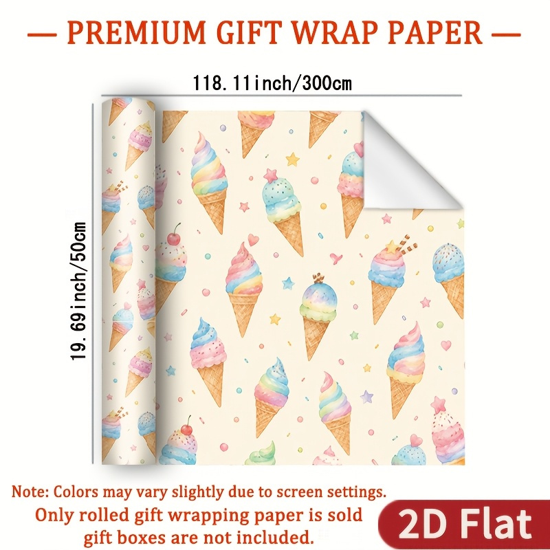 TEMU 1 Rol 2D Platte Kegel Illustratie Verpakkingspapier Cadeau Inpakpapier - Lichtgele Achtergrond Kleurrijk IJskoude Kegel , 118.11 X 19.69 Inches,