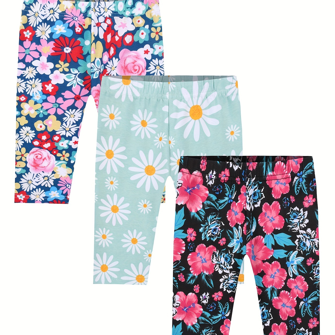 

3pcs/set Girls Flowers Graphic Elastic Waist Casual Cropped Legging Kids Spring Summer Clothes