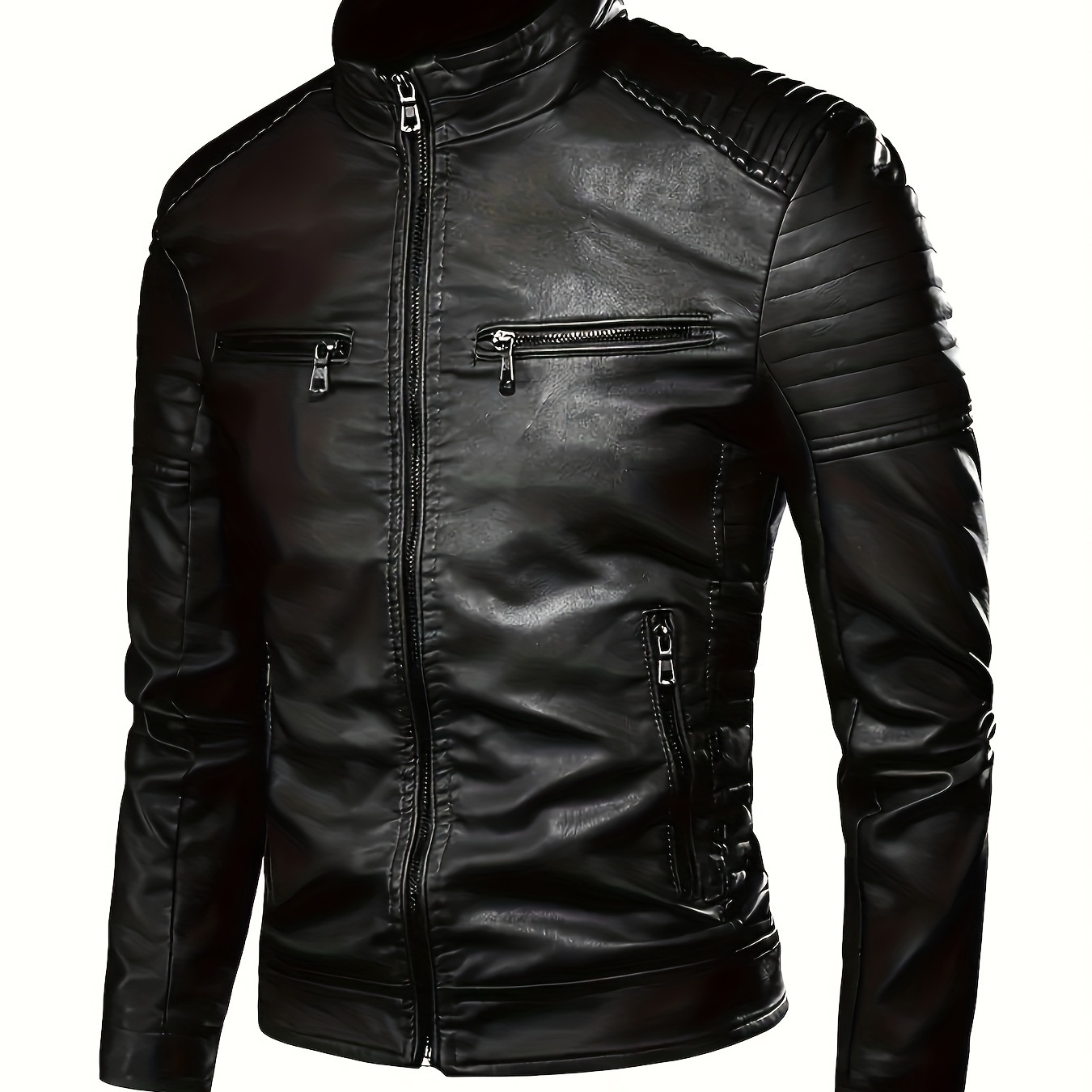 

Men'-inspired Solid Color Leather Jacket With Stand Collar And Zip Closure - Casual Long Sleeve Outerwear