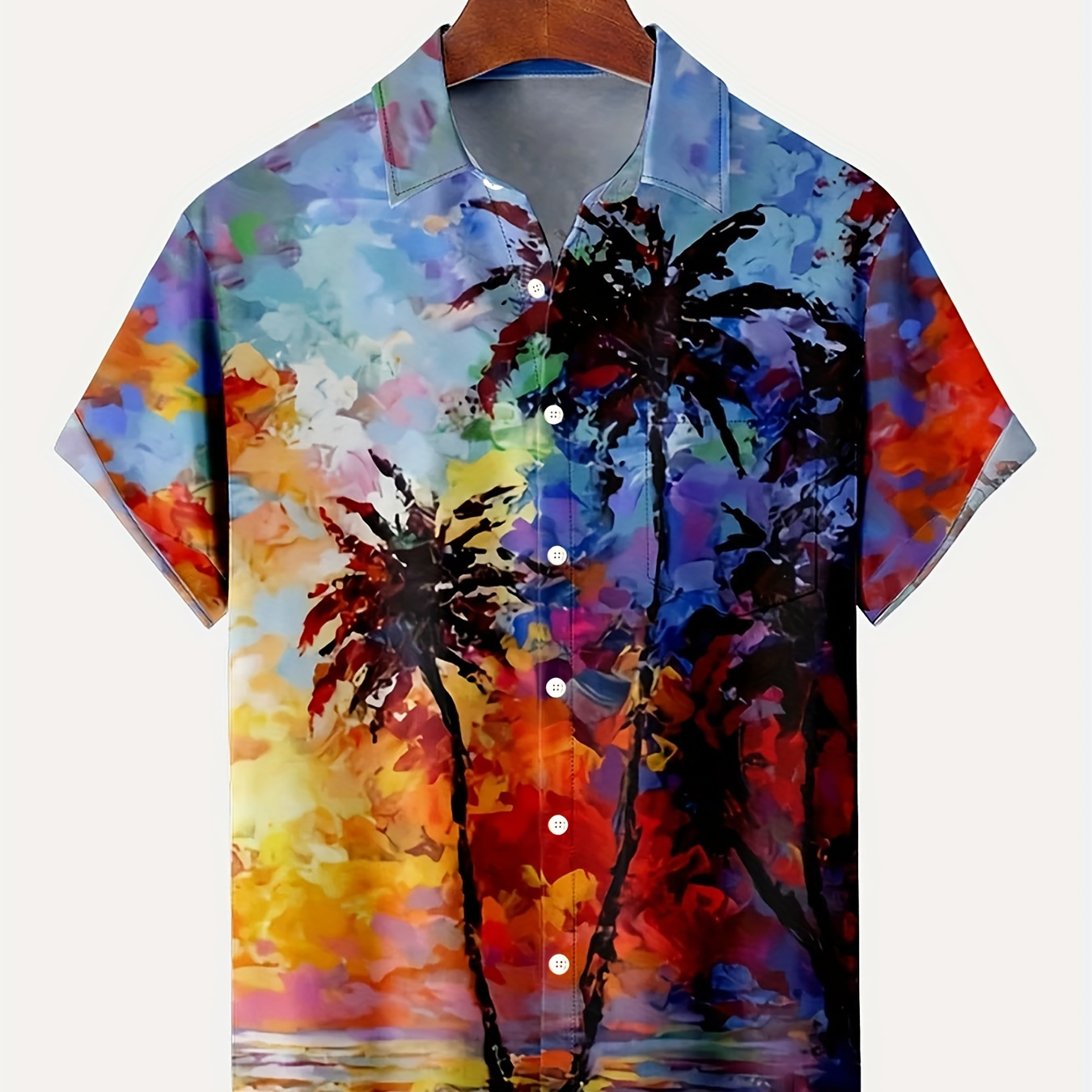 

Hawaii Color Block Gradient Coconut Tree Oil Painting 3da Printed Tee, Chic Creative Men's Button Up Lapel Shirt With Pocket, Resort Vintage Style Men Clothes