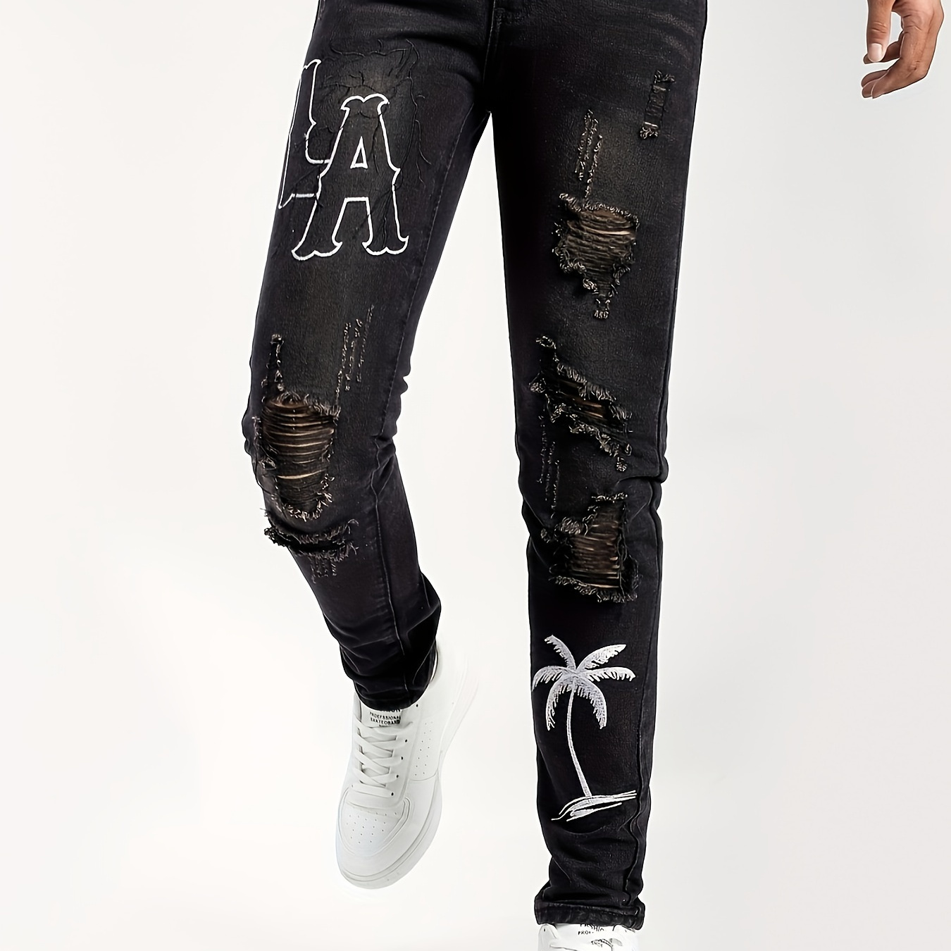 

Men Distressed Wear Letter & Palm Tree Print Rippedfrayedskinny Jeans Black Denimmenswear Comfortable Men's Pants