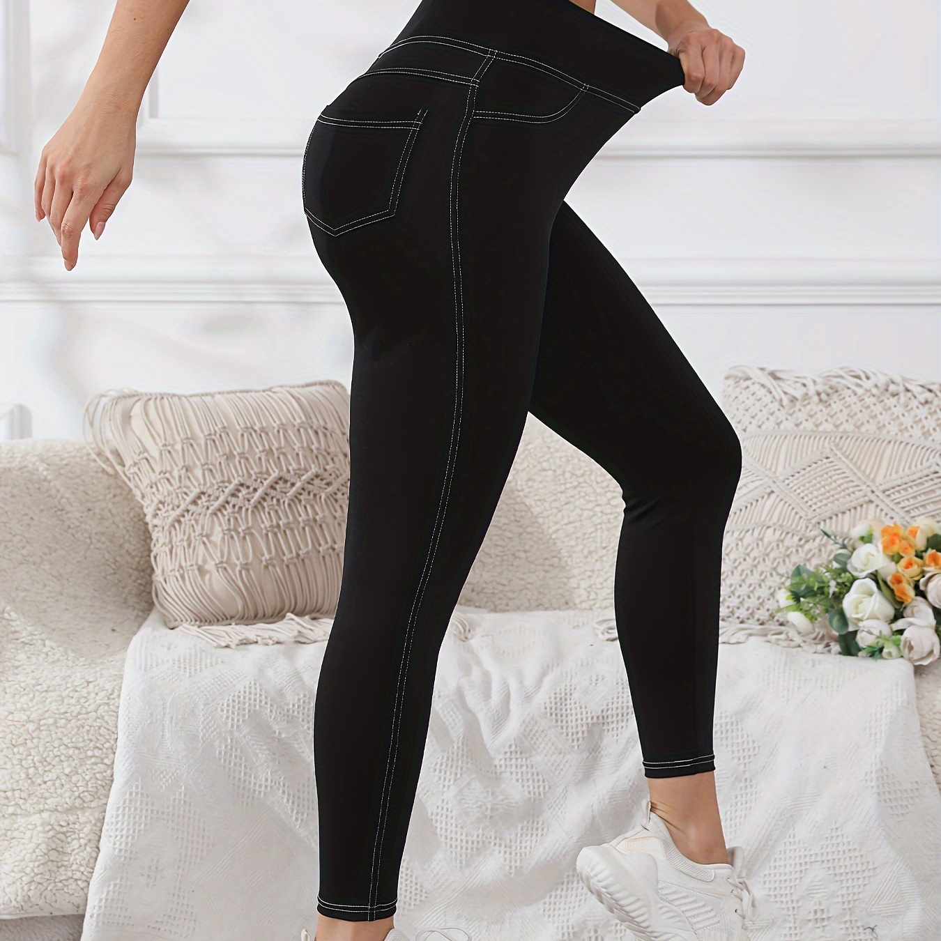 

Women's Tight-fitting Leggings With Denim Print, Solid Color, With Pockets, Women's Clothing