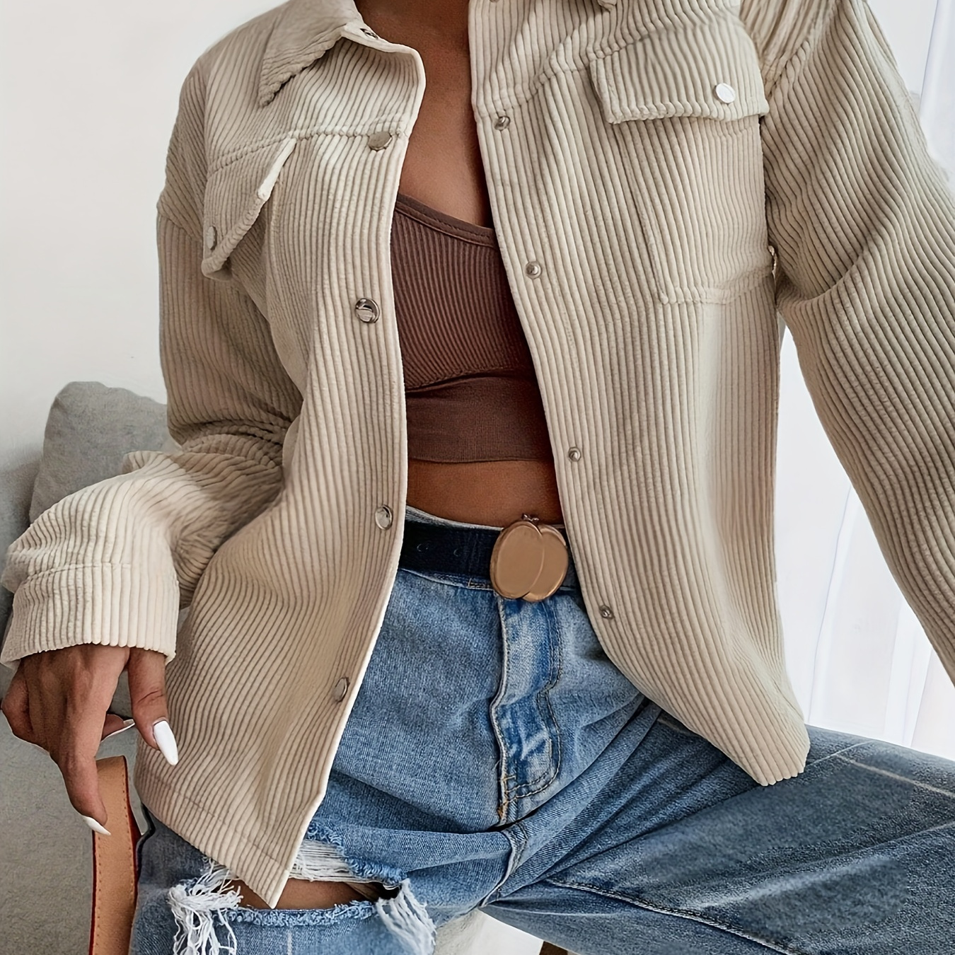 

Women' Color Corduroy Pocket Lapel Long Sleeved Jacket Casual Jacket