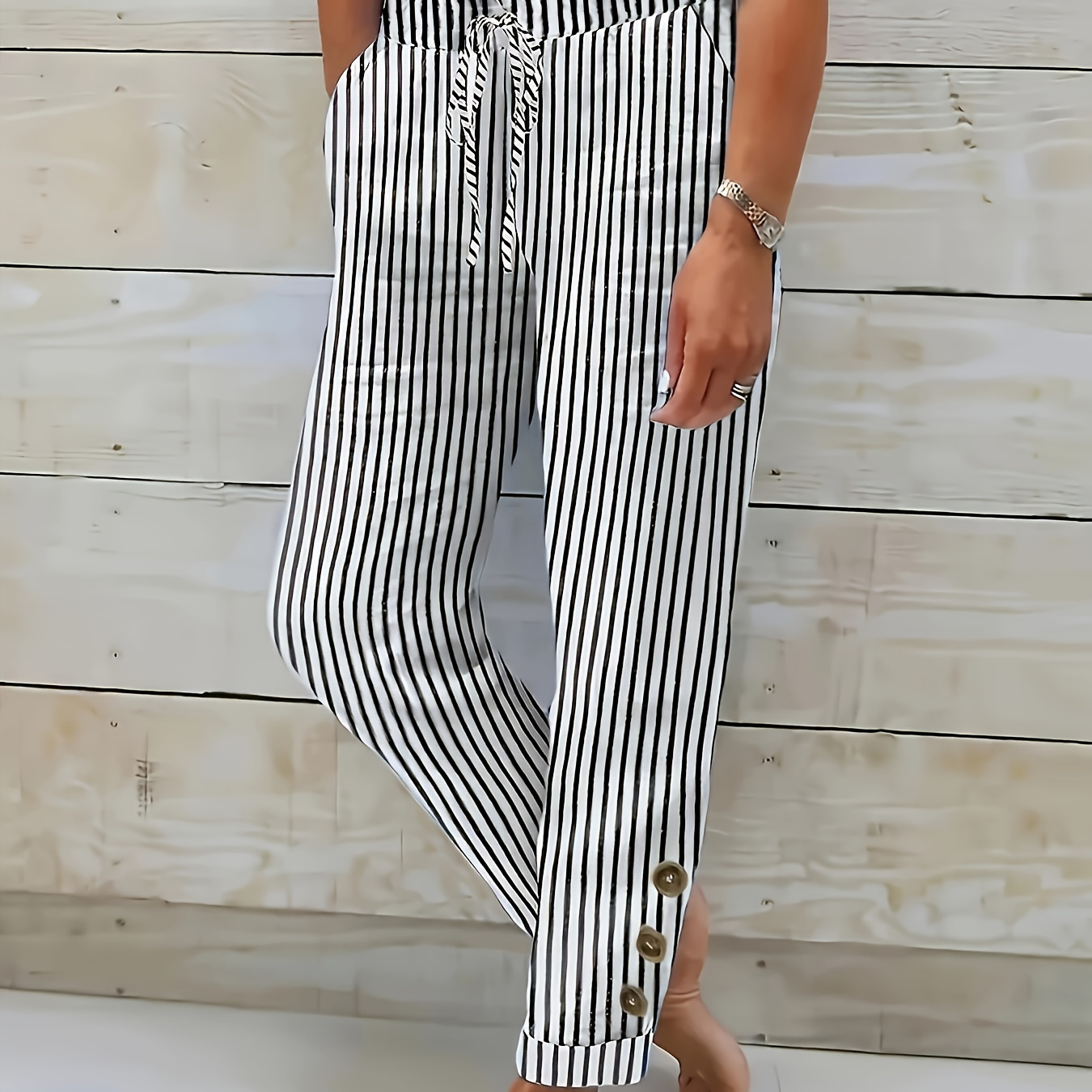 

Striped Polyester Casual Pants For Adults - Woven Trousers With Button , Regular Fit, Wear