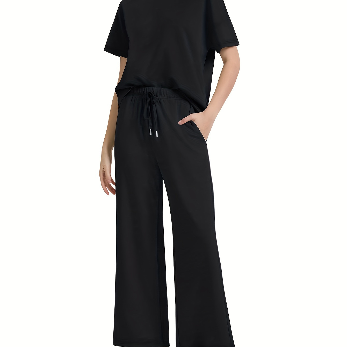

Casual Solid Color Loose Comfy Pantsuits, Short Sleeve Top & Drawstring Wide Leg Pants Outfits, Women's Clothing
