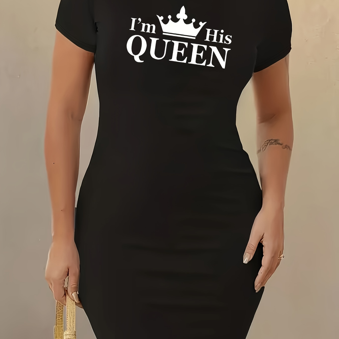 

Queen & Crown Print Tee Dress, Casual Short Sleeve Crew Neck Bodycon Dress, Women's Clothing