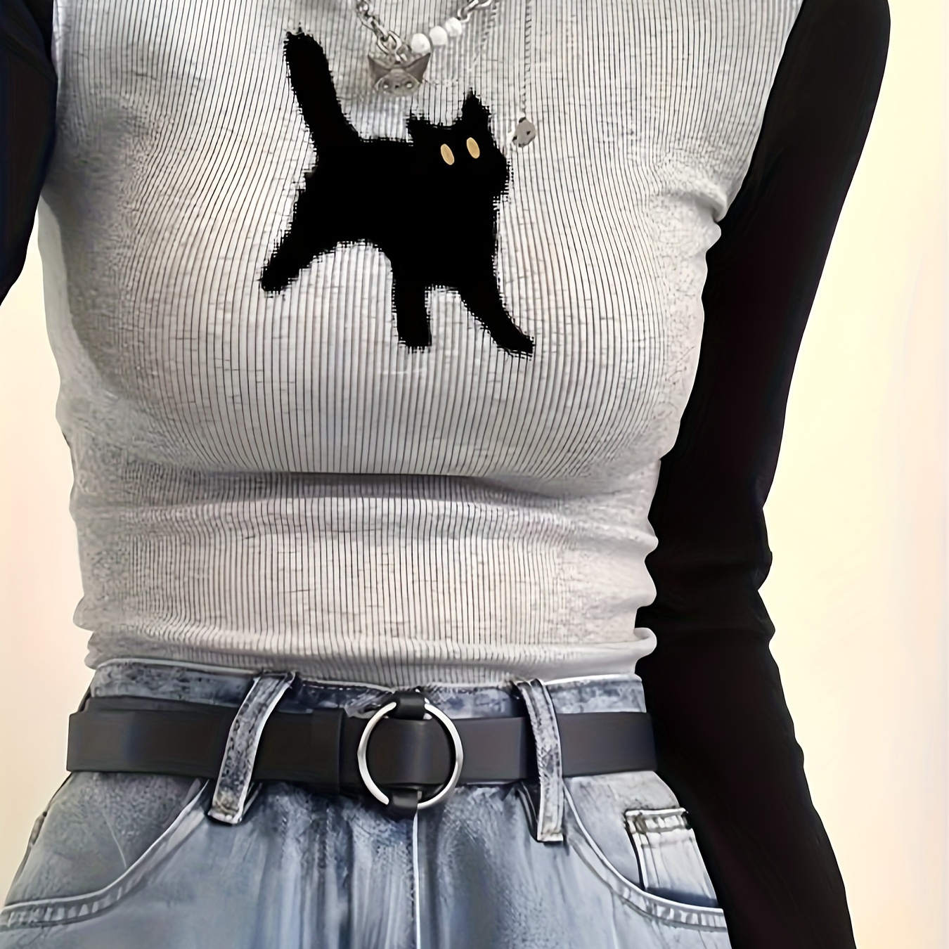 

Cat Print Crew Neck T-shirt, Color Block Long Sleeve T-shirt For Spring & Fall, Women's Clothing
