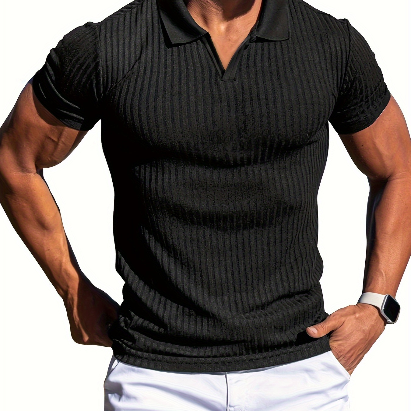 Ribbed Men's Slim Fit Short Sleeve V-neck Lapel Shirt, Men's Summer High Stretch Sports Top For Golf Tennis
