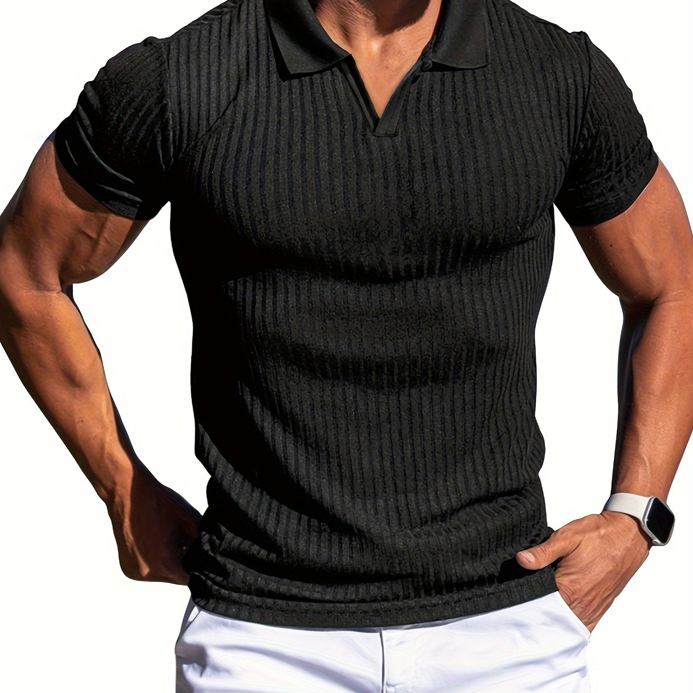 

Ribbed Men's Slim Fit Short Sleeve V-neck Lapel Shirt, Men's Summer High Stretch Sports Top For Golf Tennis