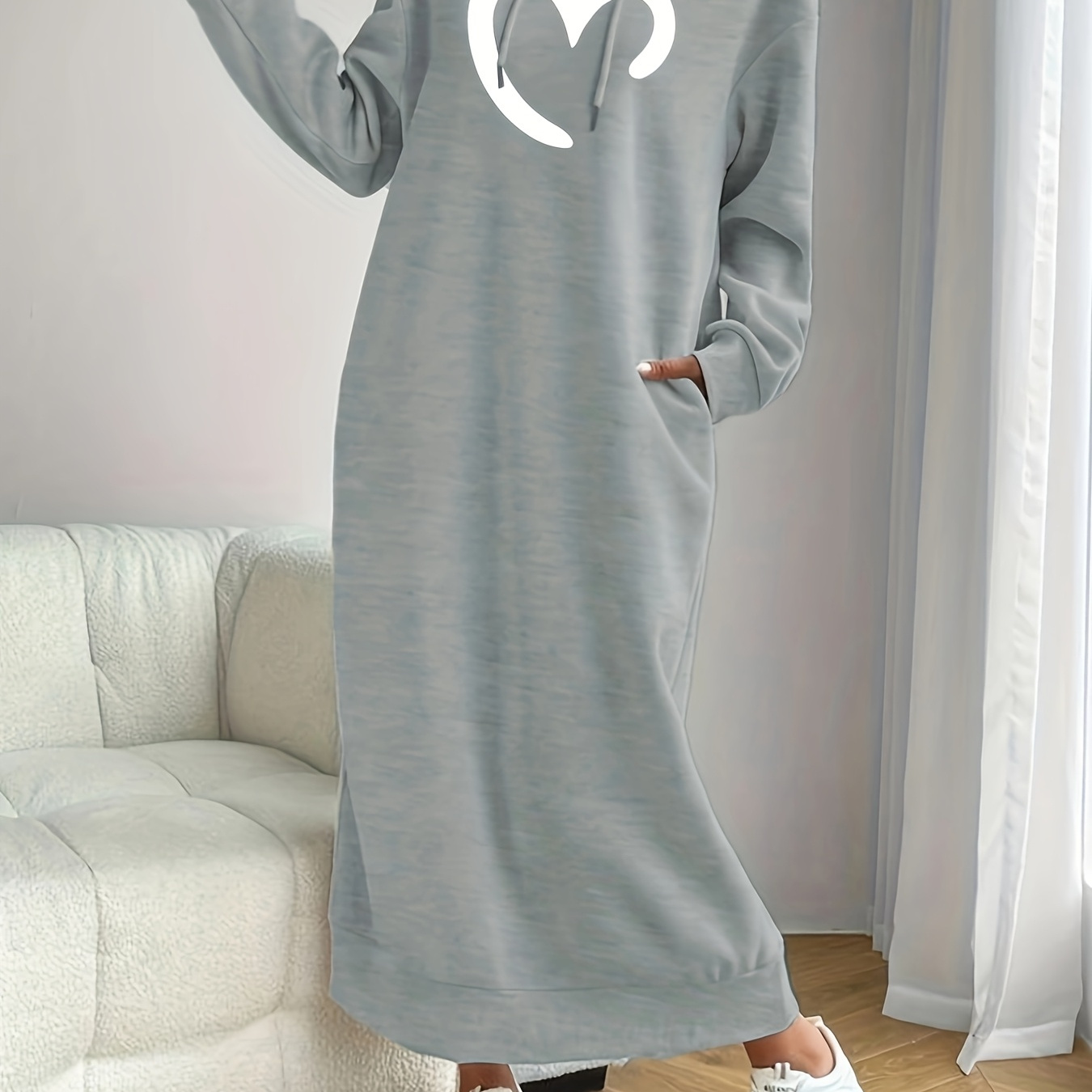 

1pc Women's Long Sleeve Hooded Sweatshirt Dress Alphabet Design, Casual Polyester Knit Fabric, , Adult Loose Fit With Pockets