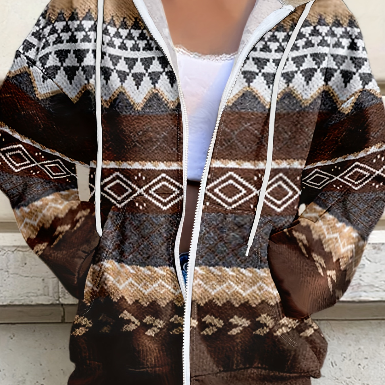 

Geo Print Pocket Hoodie, Casual Long Sleeve Drawstring Hooded Jacket, Women's Clothing