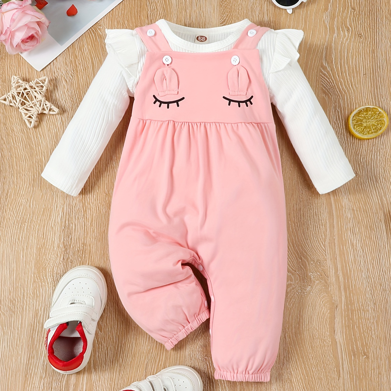 

Two-piece Baby Girls Casual Cute White Elastic Triangle Bodysuit & 3d Cartoon Ear Bib Suspender Pants Two-piece Set For Autumn And Winter