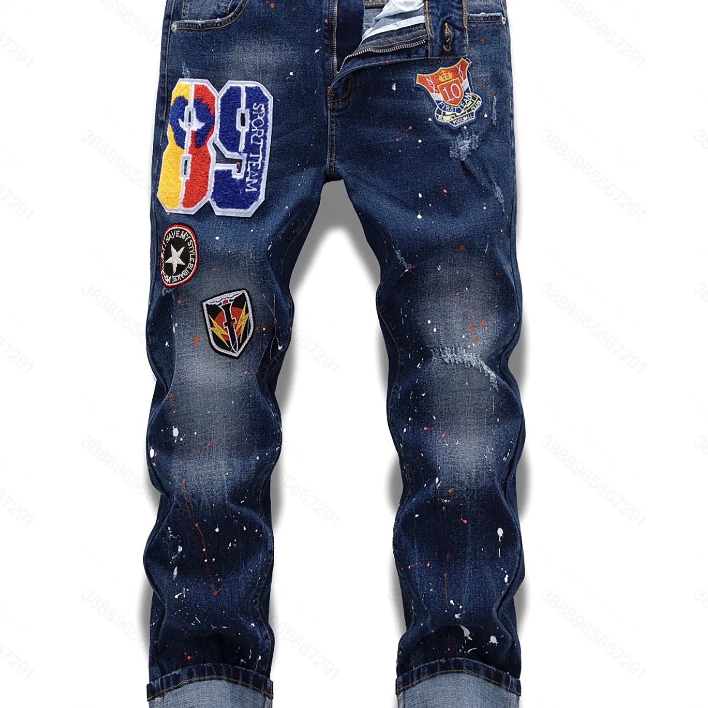 

Slim Fit Novelty Pattern Design Jeans, Men's Casual Street Style Slightly Stretch Denim Pants For Spring Summer
