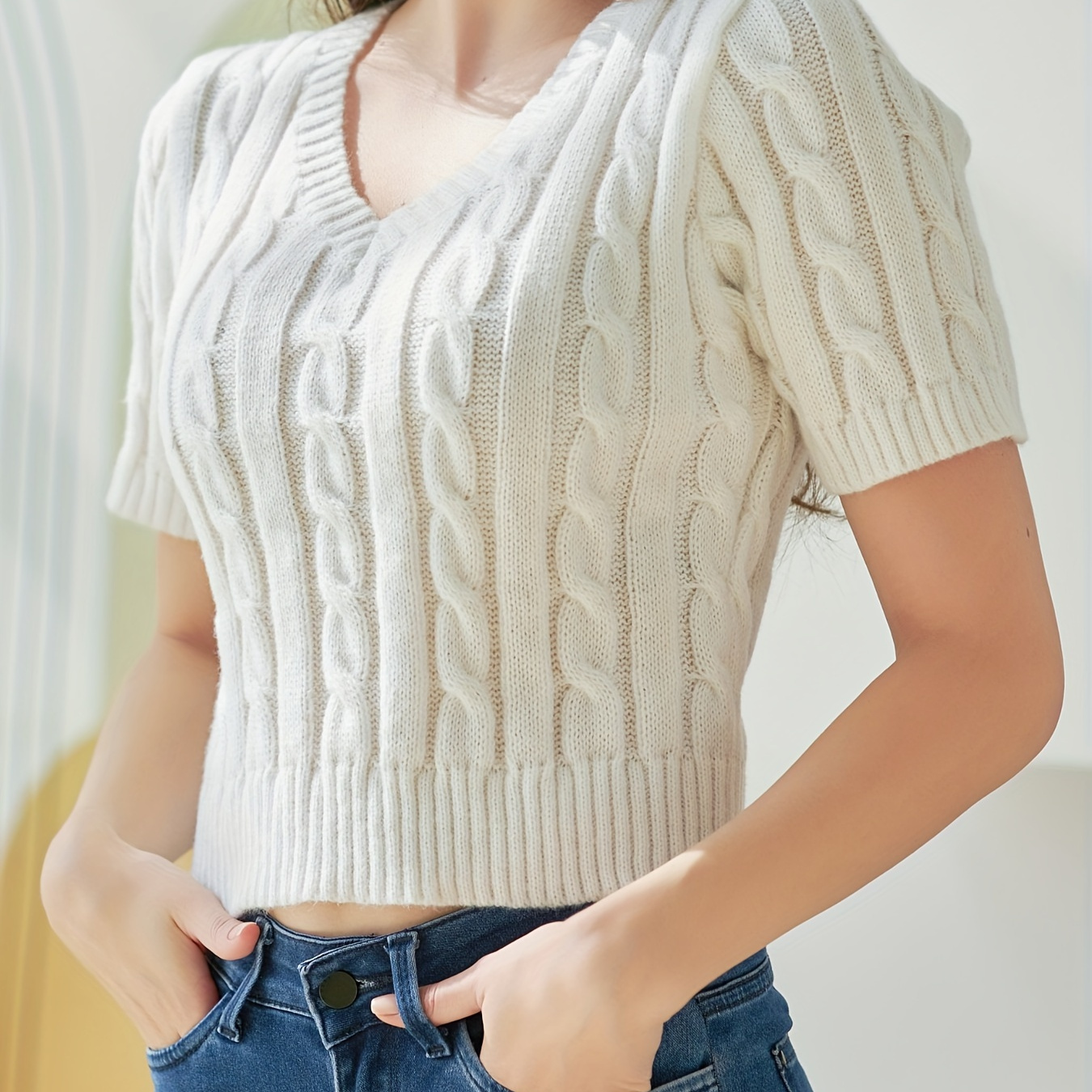 Solid V Neck Cable Knit Top, Casual Short Sleeve Crop Pullover Sweater,  Women's Clothing