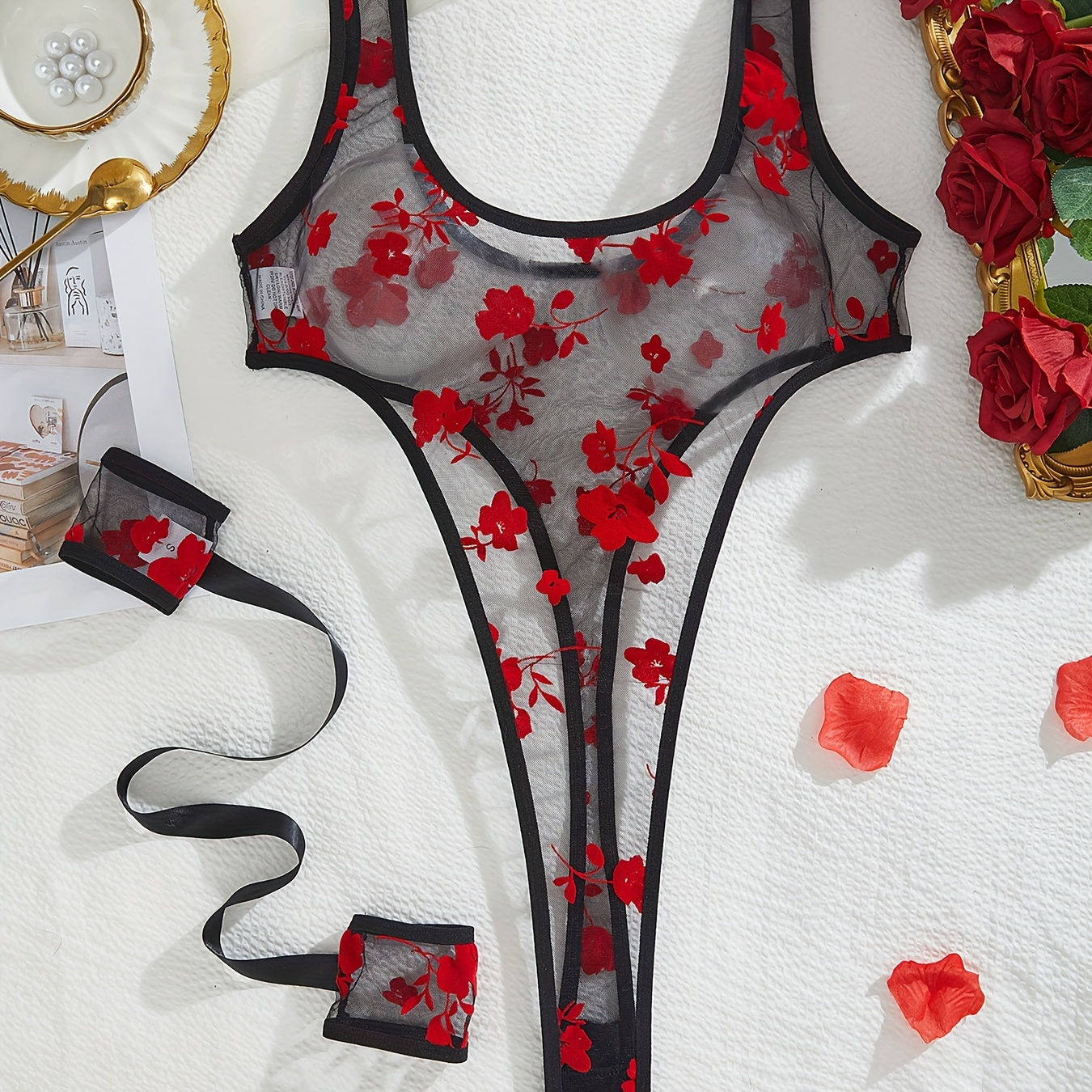 

Hot Floral Embroidery Mesh Teddy, High Cut Semi Sheer Bodysuit, Women's Sexy Lingerie & Underwear