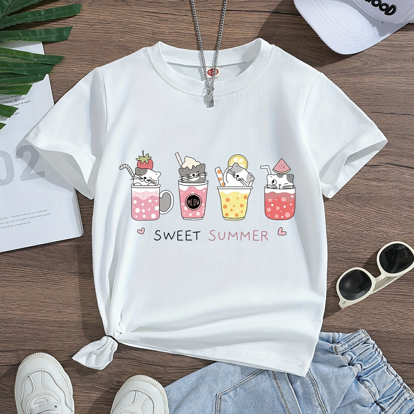 

Sweet Summer & Cartoon Cups With Cats Graphic Print, Girls' Casual & Comfy Crew Neck Short Sleeve Cotton T-shirt For Spring & Summer, Girls' Clothes For Outdoor Activities