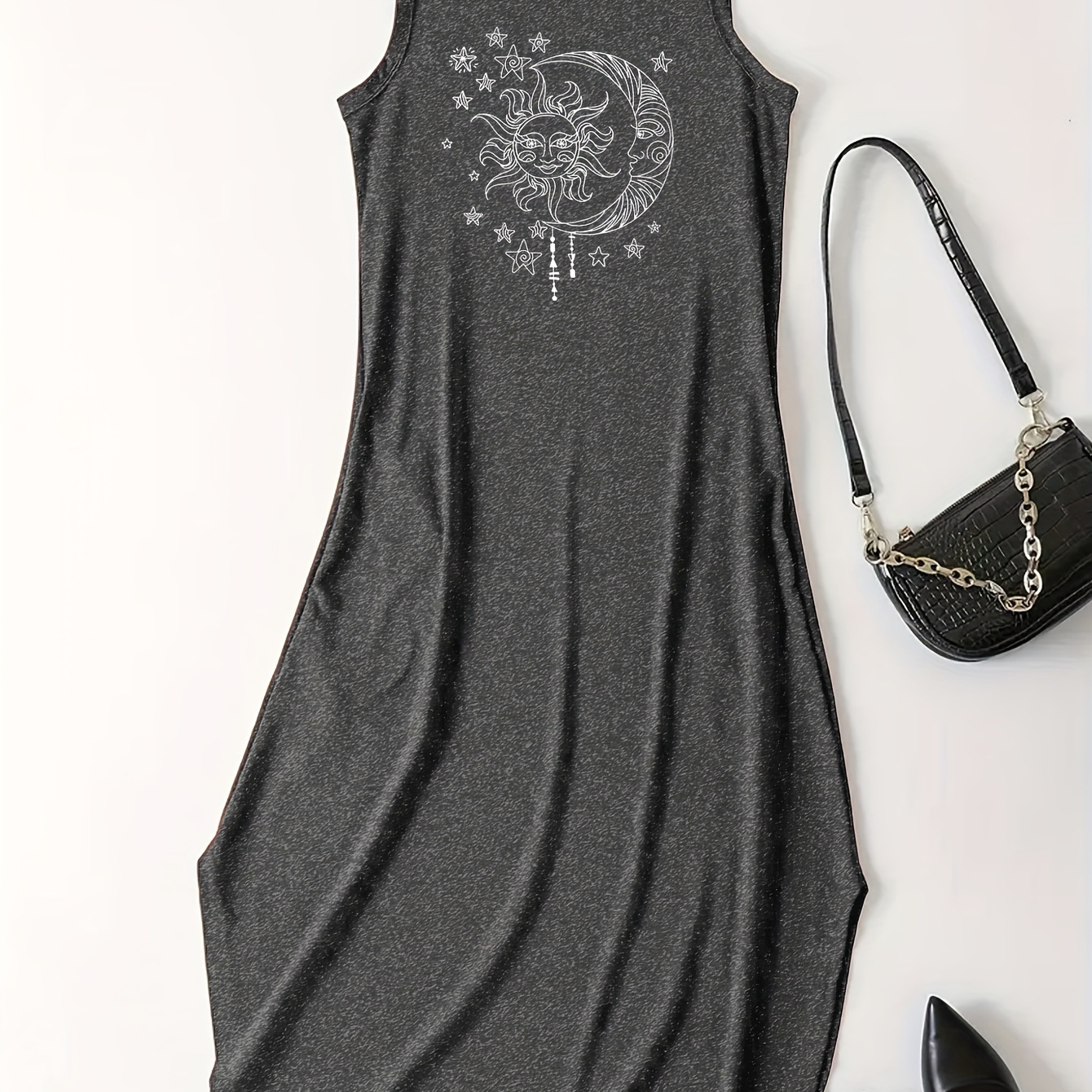 

Sun & Moon Print Tank Dress, Sleeveless Crew Neck Casual Dress For Summer & Spring, Women's Clothing