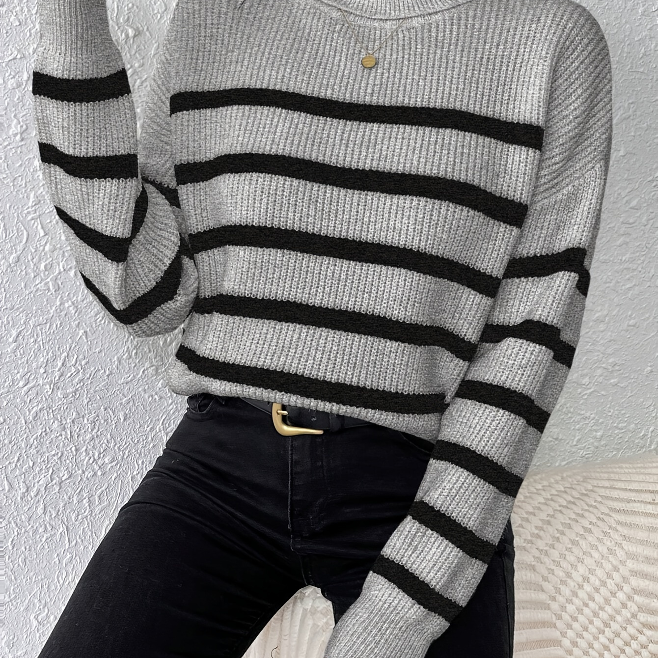 

Striped Turtle Neck Sweater, Elegant Drop Shoulder Long Sleeve Sweater For Fall & Winter, Women's Clothing