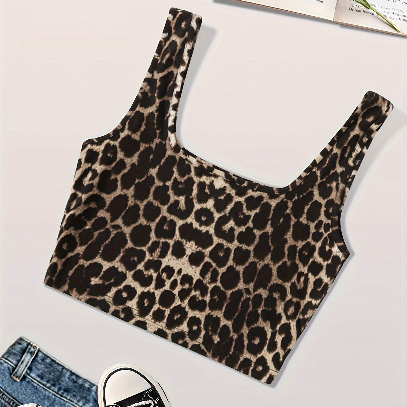 

Leopard Print Square Neck Tank Top, Casual Sleeveless Crop Top For Spring & Summer, Women's Clothing