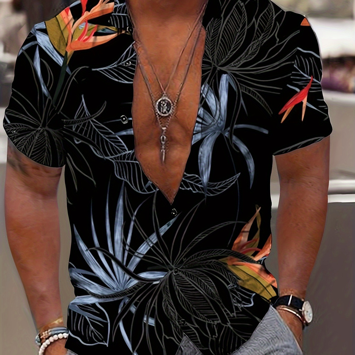 

Men's Trendy Hawaiian Lapel Collar Graphic Shirt With Stylish Floral Print For Summer Vacation And Casual Wear