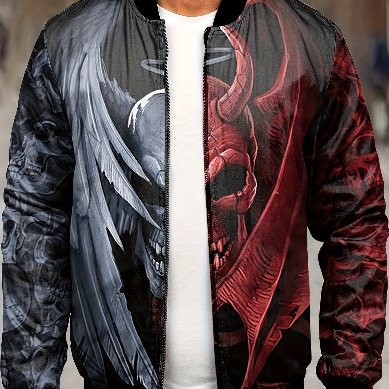 Devil Print Varsity Jacket, Men's Casual Street Style Bomber Jacket For  Spring Fall