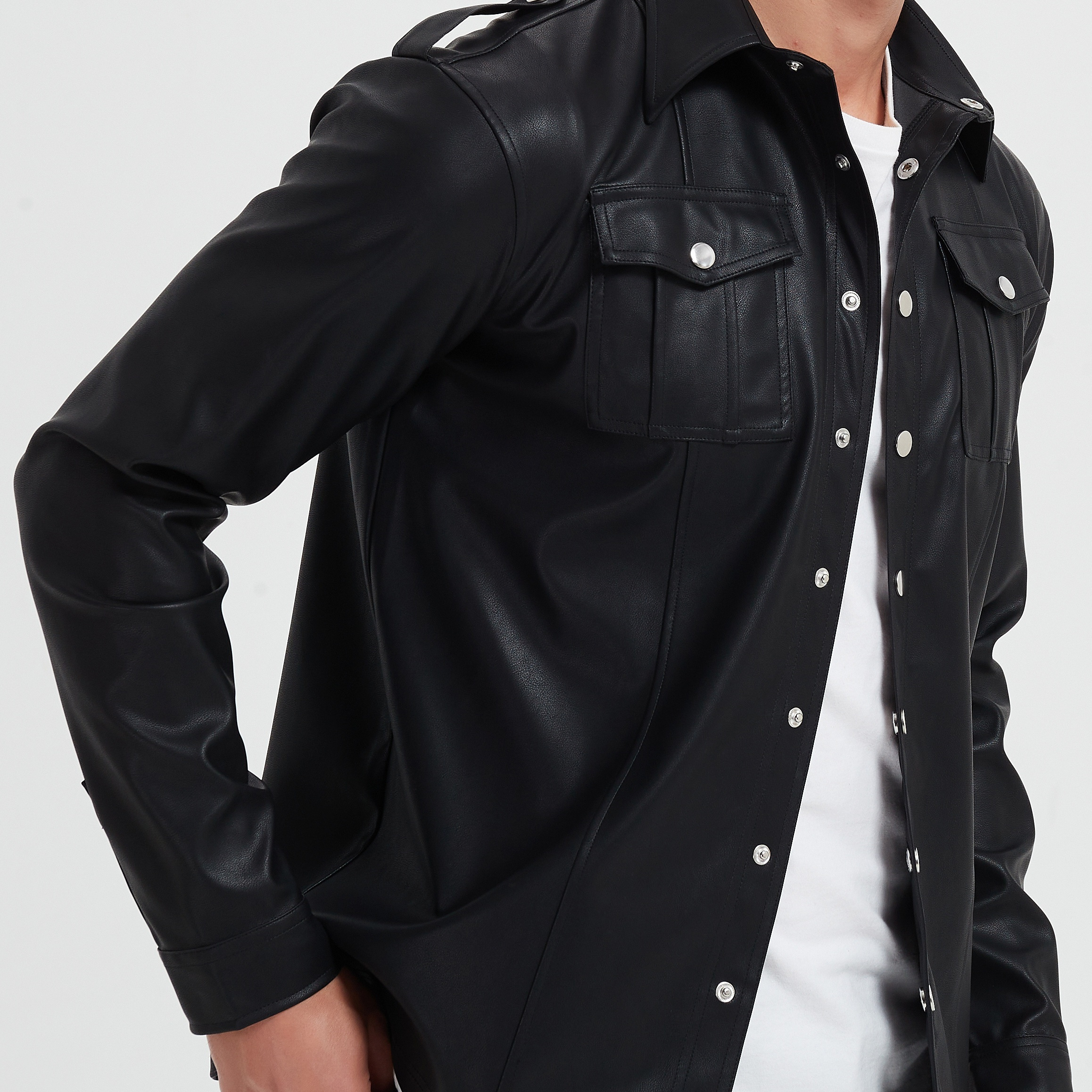 

Men's Slim-fit Leather Jacket - Long Sleeve, Button-up Shirt With Chest Pocket For Party Wear, Spring/fall