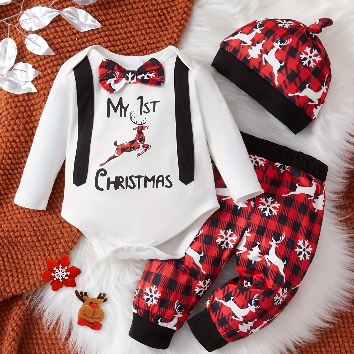 

Baby Christmas Cute Deer Letter Print Outfits - Long-sleeved Bow Gentleman's Romper + Checkered Allover Printed Round Hat + Trousers 3pcs