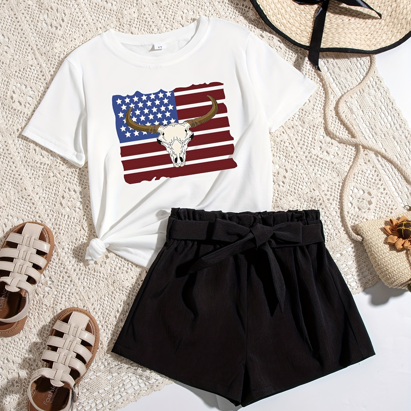 

Cow Skull & Usa Flag Graphic Print, Tween Girls' Casual & Stylish Outfit, 2pcs/set Short Sleeve Crew Neck Tee & High Waisted Paper Bag Shorts For Spring & Summer, Tween Girls' Clothing