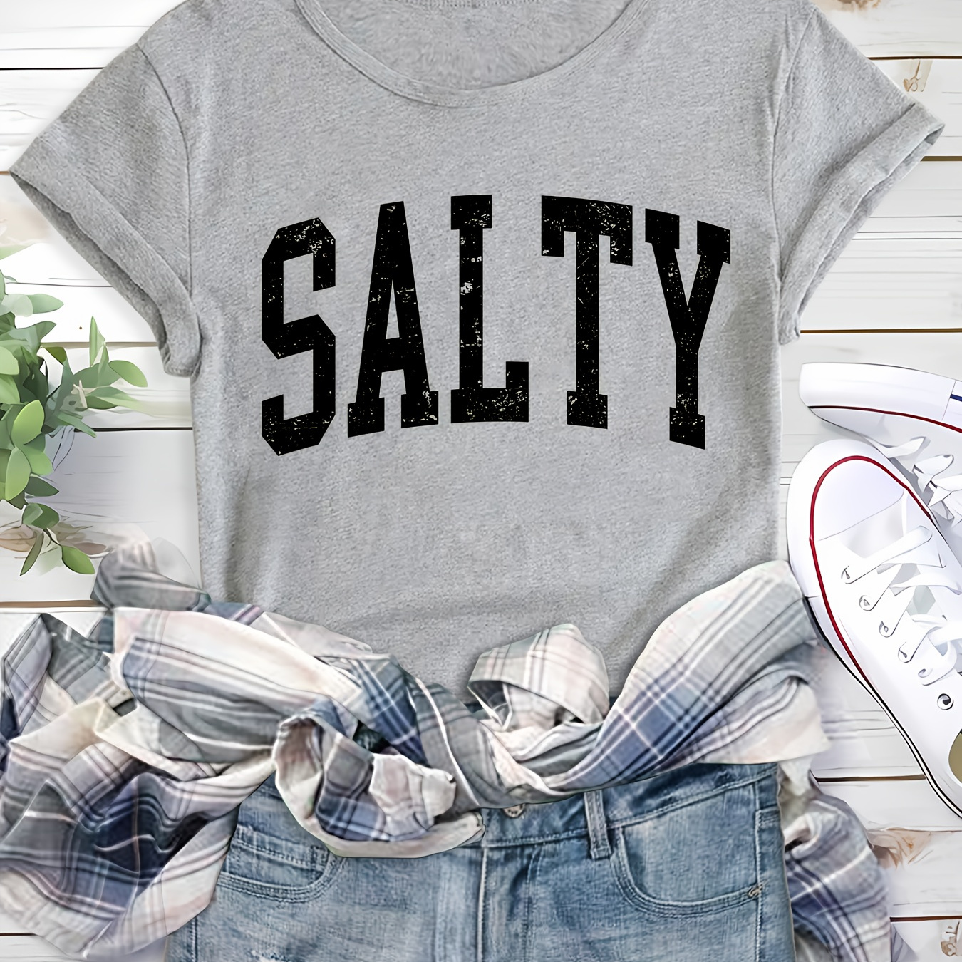 

Women's "salty" Print Casual Summer T-shirt, Loose Fit, Short Sleeve, Comfy Top For Everyday Wear