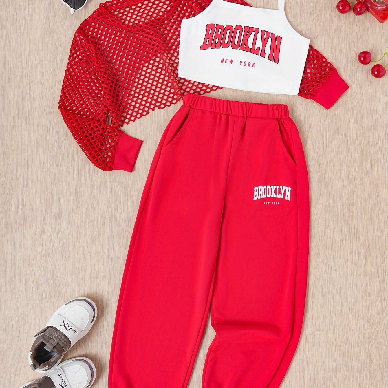 

3pcs, Brooklyn Letter Cami Shirt + Cover-up Top + Jogger Pants Girls Outfit Set - Versatile For Summer & Casual Outings