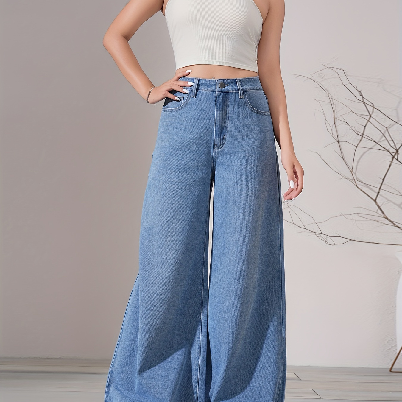 

Women's Wide Leg Jeans, Polyester And Cotton Blend, Street Style, Machine Washable, All Season