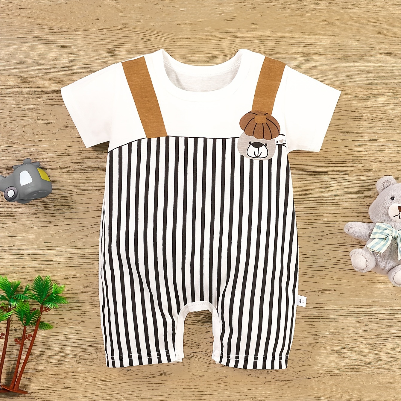 

Infant's Fake Two-piece Striped Cute Bodysuit, Comfy Cute Short Sleeve Onesie, Baby Boy's Clothing