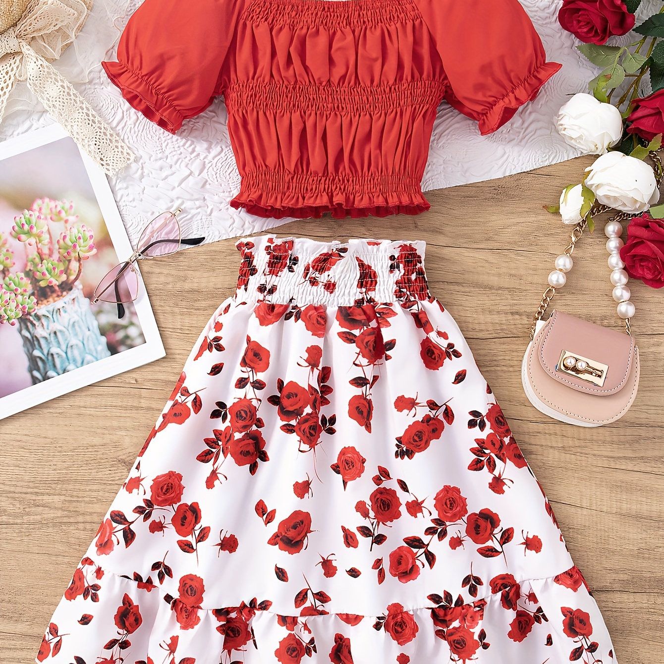 

Girls Outfit, Ruched Puff Short Sleeve Top + Roses Graphic Midi Skirt Set, Casual 2pcs Summer Clothes