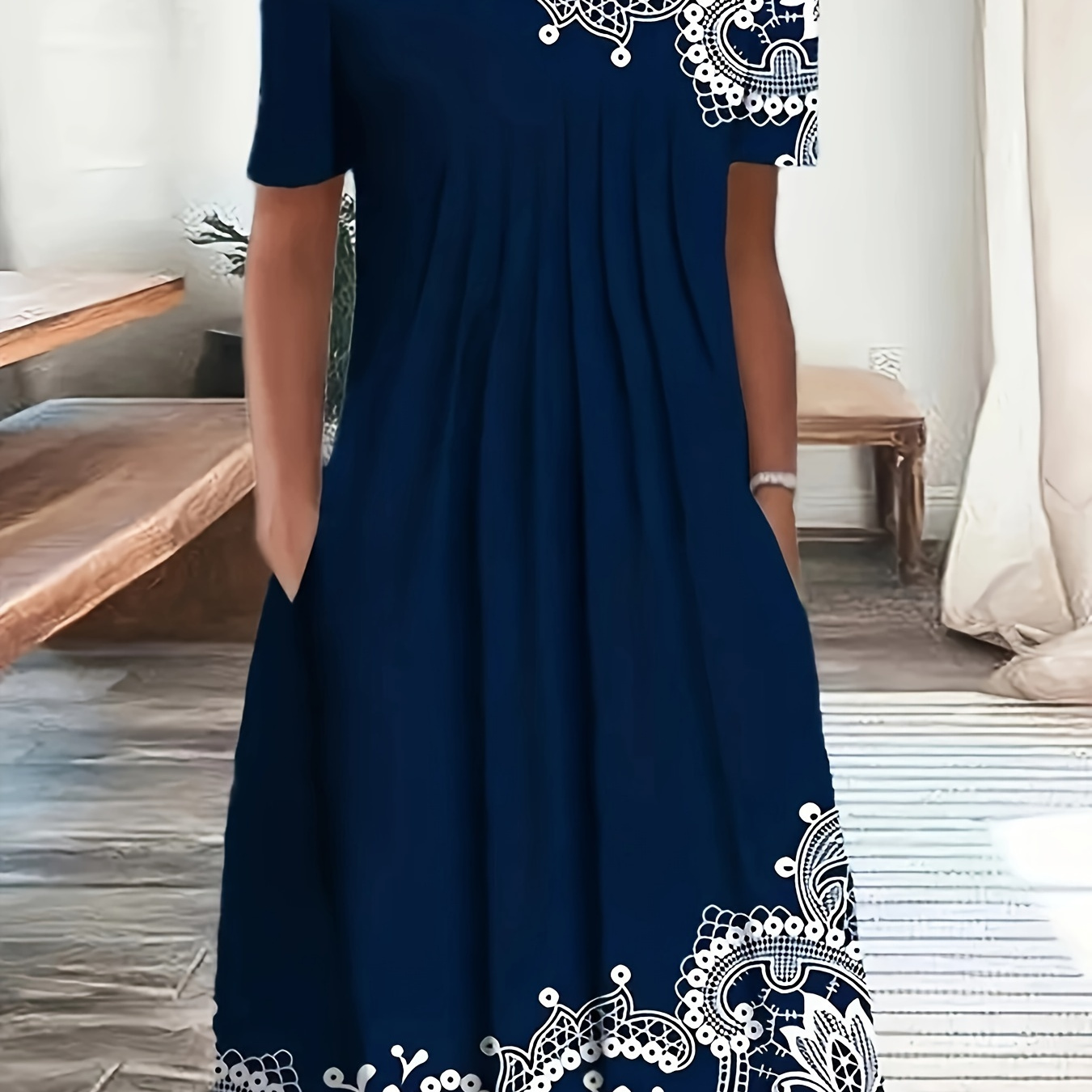 

Women's Navy Blue Floral Print Short Sleeve Dress - Elegant Pleated Midi With Round Neckline, Non-stretch Polyester Fabric, Spring/summer Fashion